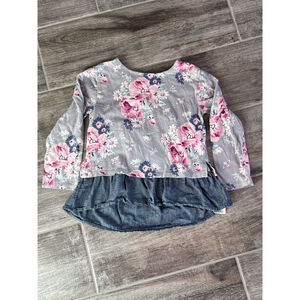 Floral Top Denim Ruffle Hem Long Sleeve Shirt‎ Girl's Size 6/7